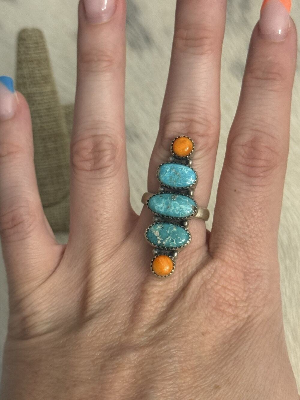 Sterling Silver White Water Turquoise & Orange Spiny 5 Stone Multi-stone Ring